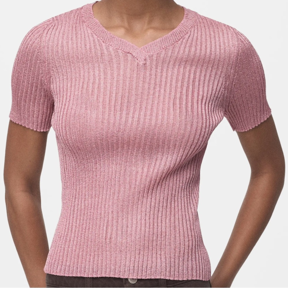 🆕 Short Sleeve Ribbed Lurex Sweater - Pastel Pink